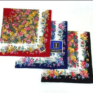 Set of 3 Yves Saint Laurent Cotton Floral Scarves 18.5" x 18.5"